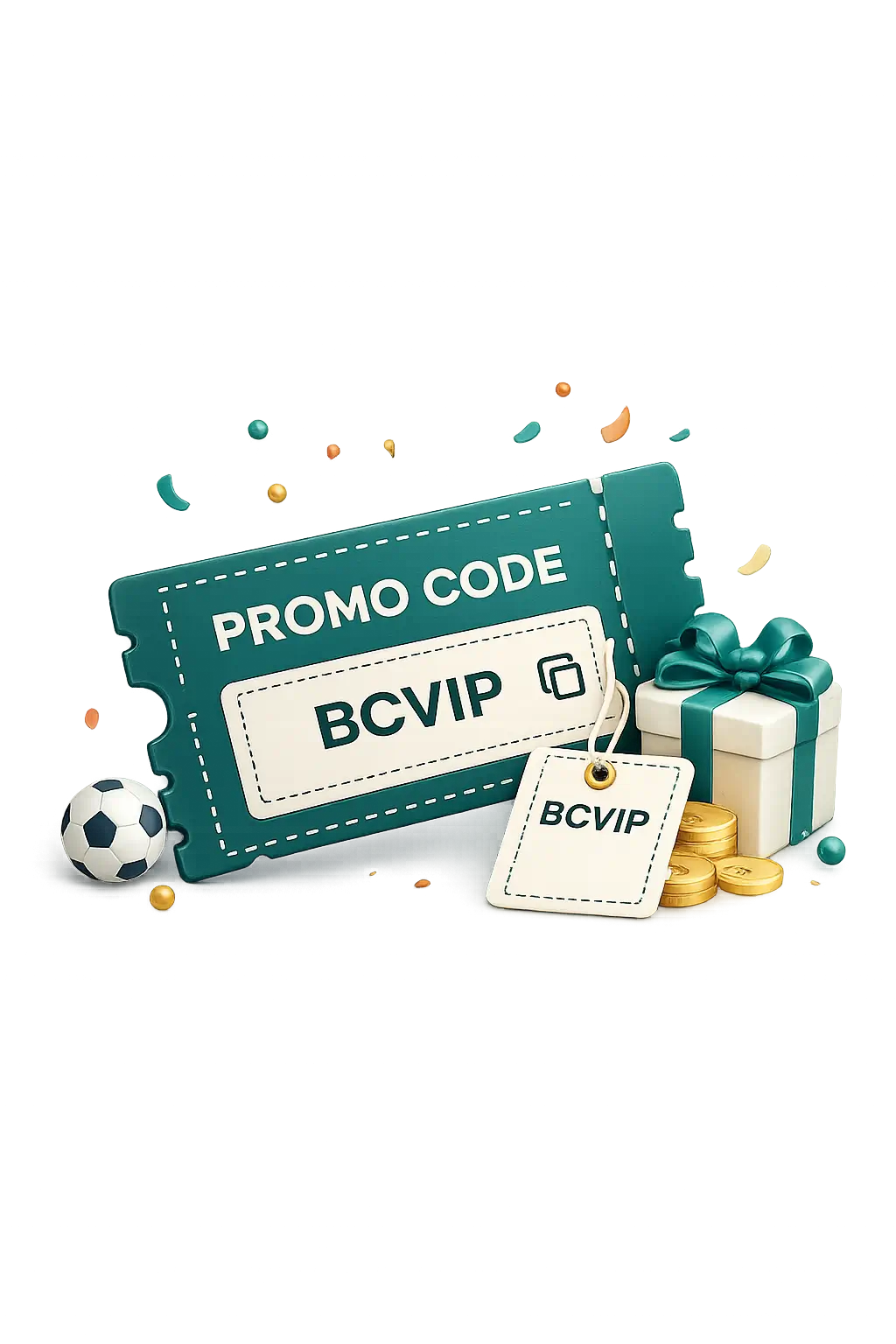Teal promo code ticket with BCVIP tag, gift box and bonus coins